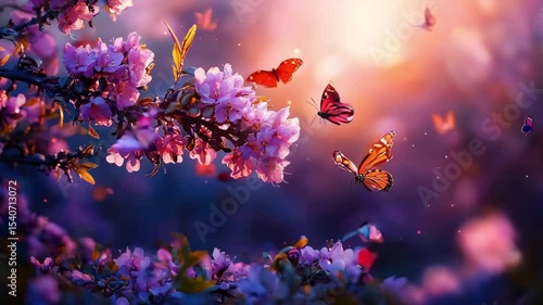 A beautiful pink flowers and butterflies flying around it.Scene is peaceful and serene, as the butterflies flutter around the tree, creating a sense of calm and tranquility