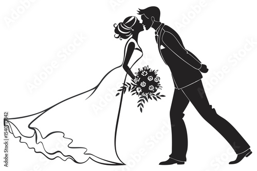 Bridal couple kiss silhouette as bride holds bouquet in stylish wedding gown