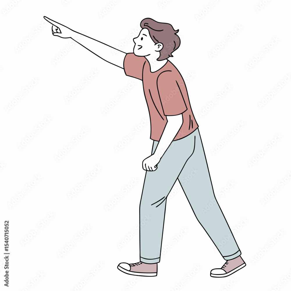 Obraz premium Smiling young man in casual clothes points upward with his right hand cheerfully