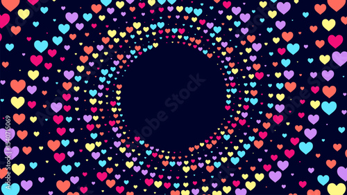 Vibrant abstract background featuring multicolored hearts arranged in a swirling circular pattern