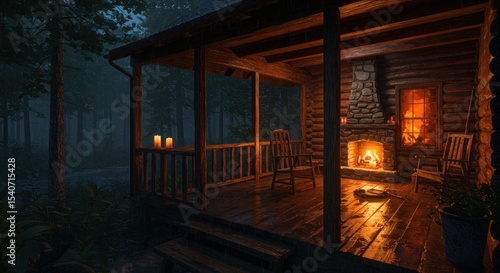 Cozy cabin porch glows warmly at dusk