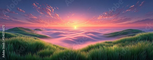 Visual Metaphor of Healing Atmosphere, Vibrant sunrise over rolling hills and misty valleys at dawn. Visual metaphor of healing atmosphere through light and space