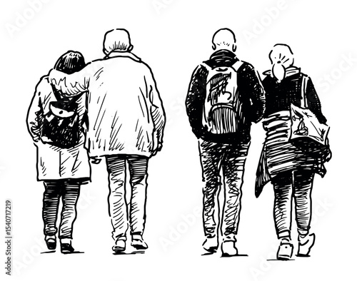 Sketches of couples casual towns pedestrians, back view, realistic hand drawn vector illustration isolated on white