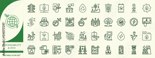 Eco Friendly Sustainability Icon Set – Recycle, Renewable Energy, Green Living, Zero Waste, and Nature Symbols