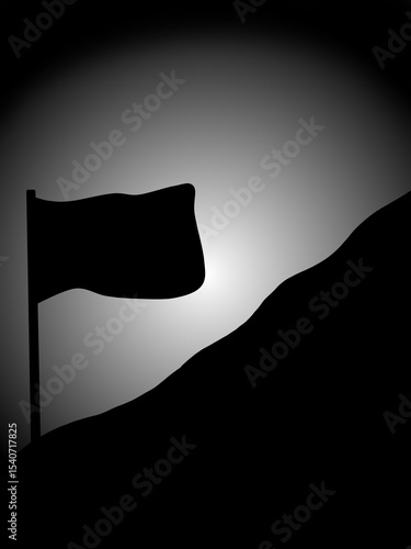 A minimalist black silhouette of a flag planted on a hilltop, set against a black and white background. Conveying themes of victory, endurance, and solitude. 