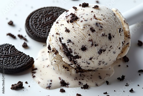 Creamy cookies and cream ice cream scoops with crumbled chocolate biscuits on white background