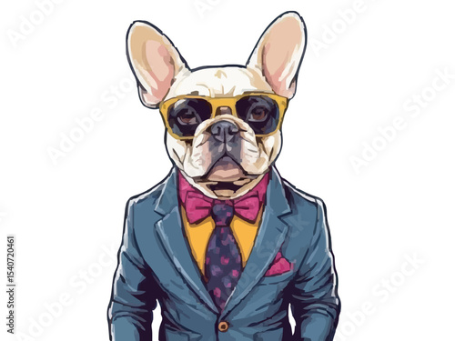 Cool looking French bulldog dog wearing funky fashion dress - jacket, tie, glasses. Wide banner with space for text right side. Stylish animal posing as supermodel. Generative AI 