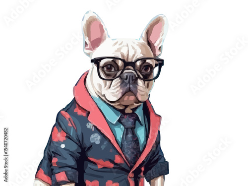 Cool looking French bulldog dog wearing funky fashion dress - jacket, tie, glasses. Wide banner with space for text right side. Stylish animal posing as supermodel. Generative AI 