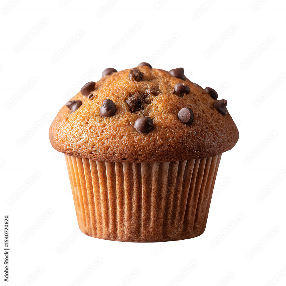 Delicious chocolate chip cupcake with a golden brown top and soft texture, perfect for dessert or a sweet snack. Isolated on a white background for easy use in designs. Delicious chocolate chip cupcake with a golden brown top and soft texture, perfect for dessert or a sweet snack. Isolated on a white background for easy use in designs.