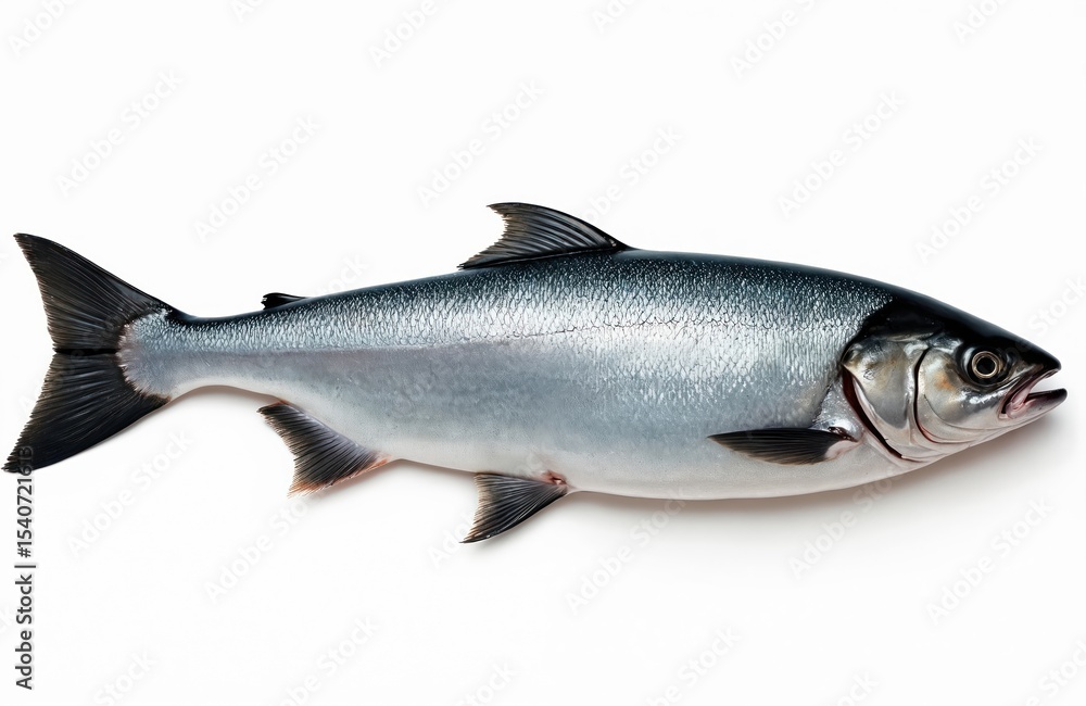 Naklejka premium Fresh Atlantic salmon. Silvery scales reflect light against white background. Seafood delicacy for cooking. Nutrient rich, protein source, omega-3 acids for healthy eating, dietary meals.