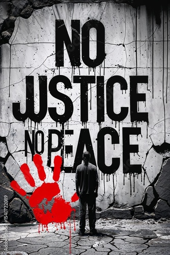 Powerful Black and White Urban Art Illustration with NO JUSTICE NO PEACE Graffiti, Red Handprint, Symbolizing Social Justice, Civil Rights Protest, and the Fight Against Inequality and Oppression