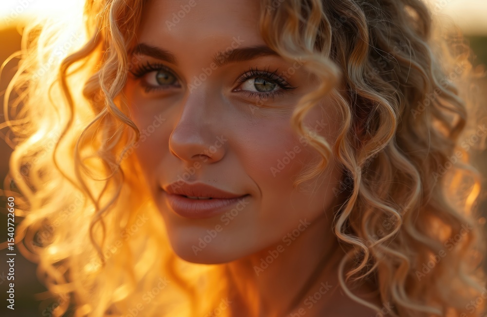 Naklejka premium Close-up golden hour portrait of woman with curly hair. Backlit by sun creates glowing edges depth. Warm evening light, soft tones. Beauty, natural look, sunlit hair, female face, nature background.