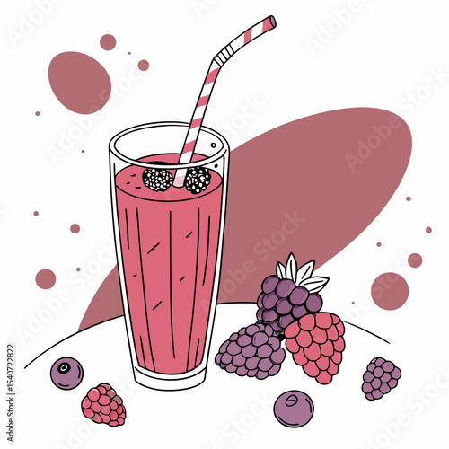 Refreshing berry smoothie in glass with straw and fruit elements  