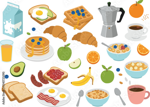Breakfast food illustration, healthy morning meal vector, cartoon breakfast items, coffee cup, cereal bowl, pancakes, croissants, toast, fruits