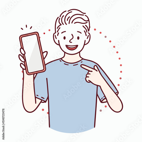 Smiling young man is pointing to himself while holding up a blank phone