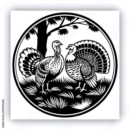A mature, gray and white turkey hen is centered in a nest of straw. She is brooding over three eggs, with two small, light yellow chicks visible near the eggs. The turkey is positioned in a slightly c
