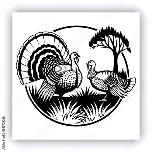 A mature, gray and white turkey hen is centered in a nest of straw. She is brooding over three eggs, with two small, light yellow chicks visible near the eggs. The turkey is positioned in a slightly c