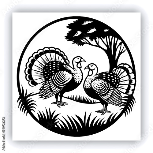 A mature, gray and white turkey hen is centered in a nest of straw. She is brooding over three eggs, with two small, light yellow chicks visible near the eggs. The turkey is positioned in a slightly c