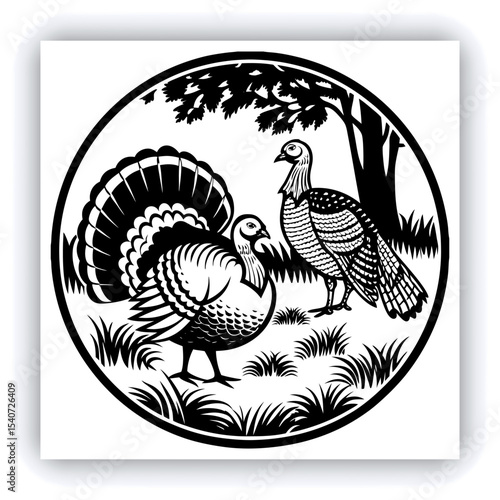 A mature, gray and white turkey hen is centered in a nest of straw. She is brooding over three eggs, with two small, light yellow chicks visible near the eggs. The turkey is positioned in a slightly c