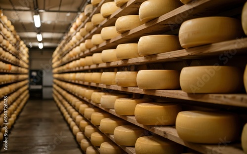 Cheese wheels aging on wooden shelves in a cheese maturation cellar.