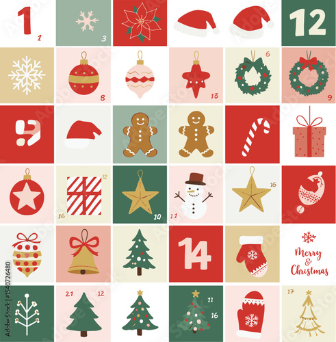 Christmas advent calendar, flat icon set, holiday illustration, countdown squares, winter decoration, festive design, ornaments, vector graphic, red green palette