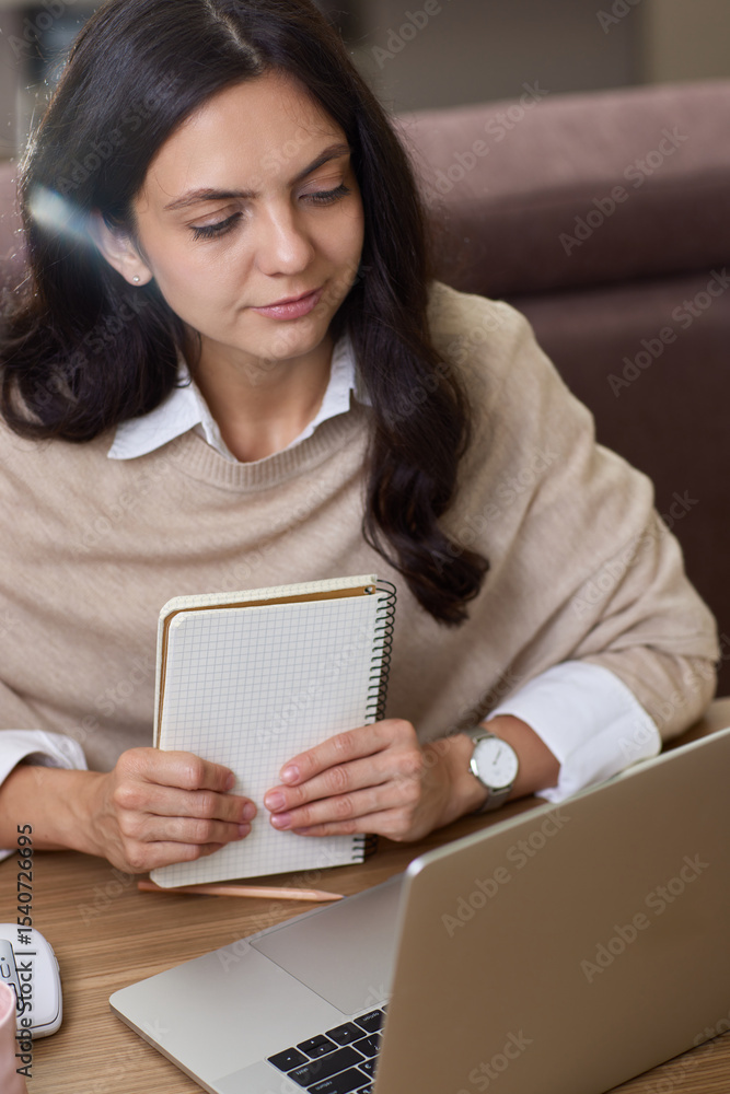 Beautiful woman in shirt using laptop while working at home Beautiful woman in shirt using laptop while working at home