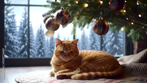 Ginger cat relaxing under christmas tree near window with snowy landscape