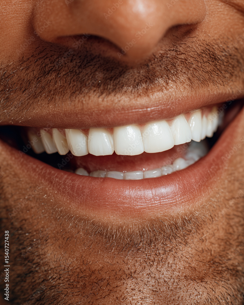 Obraz premium A man with a big smile showing his teeth. The man's teeth are white and clean. Concept of happiness and positivity