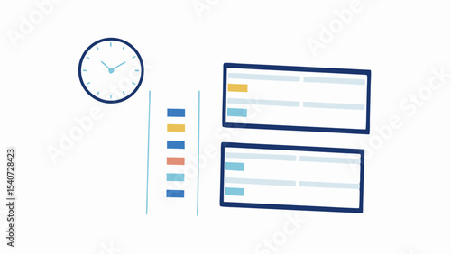 Illustration of a clock next to a bar chart and two data tables on a white background view from front