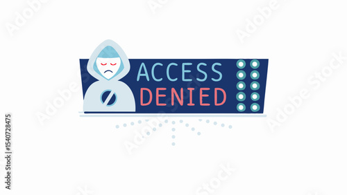 Illustration of a hooded figure next to an access denied sign on a blue background with white accents