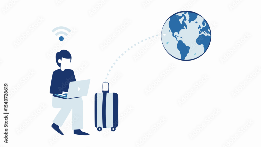 Person with laptop and suitcase connected to globe via wifi on a white background image is shown Person with laptop and suitcase connected to globe via wifi on a white background image is shown