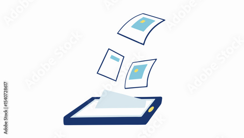 Illustration of documents floating above a tablet, suggesting file transfer or digital document management