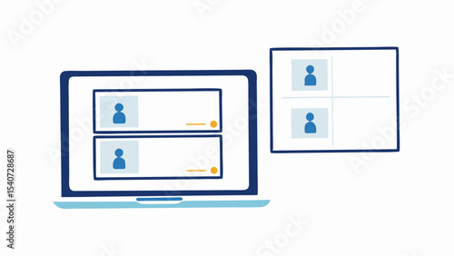 Illustration showing a laptop screen with two user profiles and a video call screen with two users
