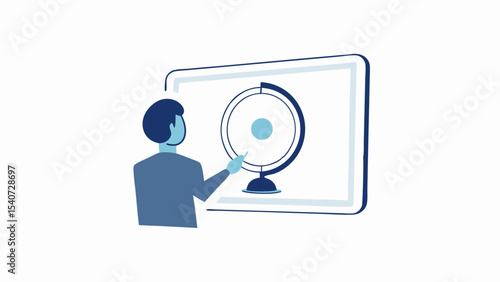 A person pointing at a globe displayed on a screen, likely in an educational or presentation setting, which is cool.