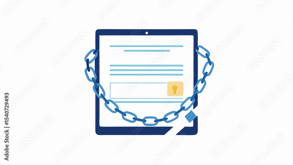 Fototapeta premium Blue tablet with document and padlock is secured by a chain wrapped around it for data protection and security