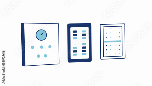 Illustration of three wall mounted devices including a thermostat and two control panels in blue and white