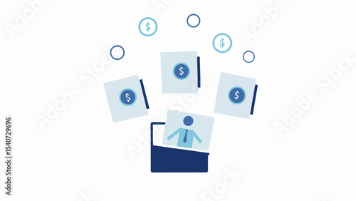 Illustration of a laptop with documents showing money symbols and a person in a suit floating above it