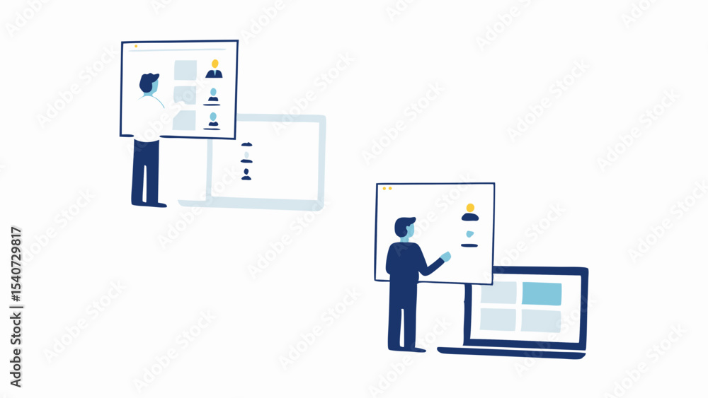 Illustration of two people interacting with digital interfaces and laptop on a white background Illustration of two people interacting with digital interfaces and laptop on a white background