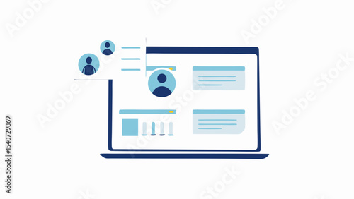 Laptop displaying user interface with profile icons and data blocks in a stylized illustration