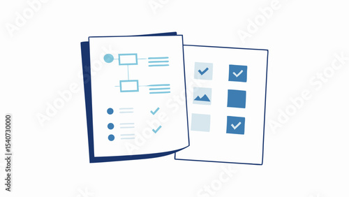 Two sheets of paper with flowcharts and checklists for tasks and processes are displayed here