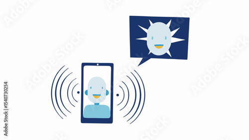 Illustration of a person on a smartphone communicating with a character in a speech bubble using signals