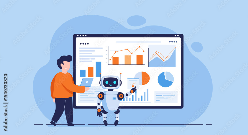 Data Analysis Robot and Man Reviewing Charts isolated on transparent background Data Analysis Robot and Man Reviewing Charts isolated on transparent background