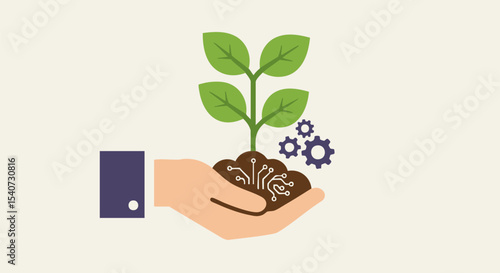 Growing Technology Plant in Hand with Gears isolated on transparent background
