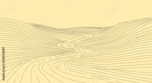 Abstract Line Art Landscape, Rolling Hills and River isolated on transparent background