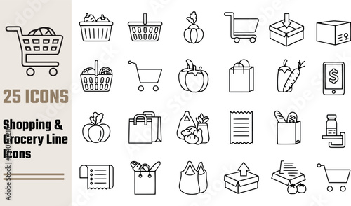 Twenty five shopping and grocery line icons isolated on white background