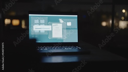 Remote access of government server copying sensitive information into folder. Laptop computer at night on desk with spyware or system being hacked from far away. Stealing or backing up secret files