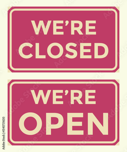 Red vintage card with open and closed text. Оpen and closed text for the store