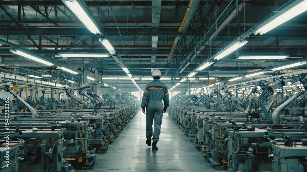Worker Walking Through Robotic Manufacturing Line Worker Walking Through Robotic Manufacturing Line