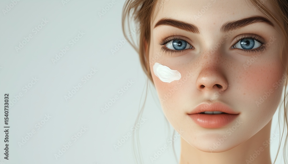 Fototapeta premium Stunning Caucasian Woman Receives Cream Facial For Perfect Health And Clean Skin - Closeup Portrait Of Attractive Girl With Blue Eyes