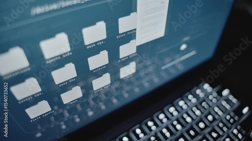 Close up laptop computer screen - secret files and folders uploaded to cloud. Remote access of government agency site or data archive. Hacking system and stealing classified information in data breach